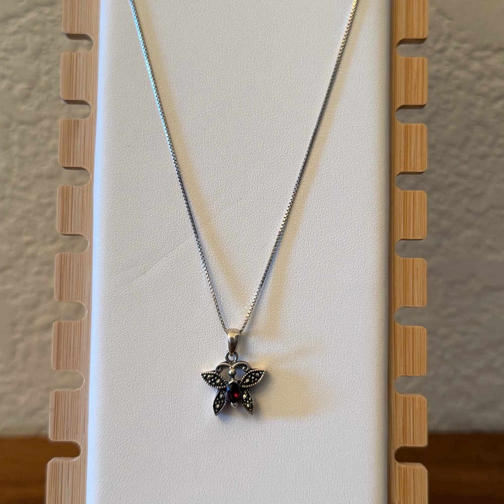 Sterling Silver Butterfly Pendant Necklace, Like New, 925 Sterling w/ Marcasite